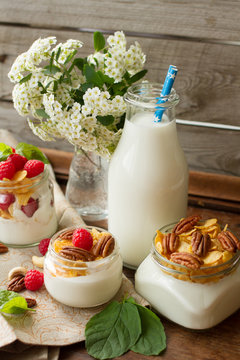 yogurt for breakfast with nuts, raspberry and milk.