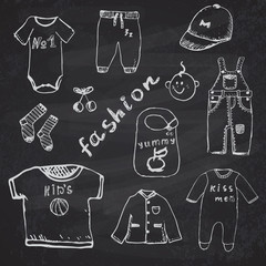 Clothes for baby boy set hand drawn sketch, on chalkboard