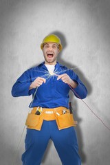 Composite image of repairman screaming while holding wires