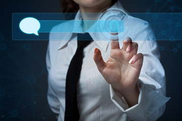 Young business woman pressing a different button collection