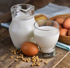 eggs soybeans and milk on wooden