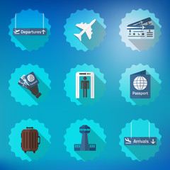 Airport Flight traveling Flat Vector Icon Set. Include passport,