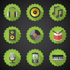 Music Flat Vector Icon Set. Include speaker, mic, vinyl, mp3 pla