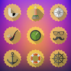 Navy Sailor Marine Flat Vector Icon Set. Include fish sonar rada
