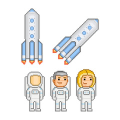Pixel art astronauts and rockets