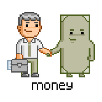 Pixel Art Businessman And Money 