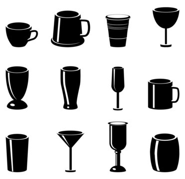 Various glasses, mugs, cups and chalis vector icon