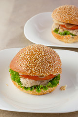 Burger with meat and tomato on white plate