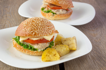 Cheeseburger with turkey and potato wedges