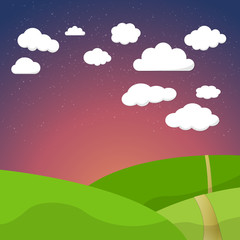 Cartoon Retro Night Sky With Field Clouds and Stars Background V