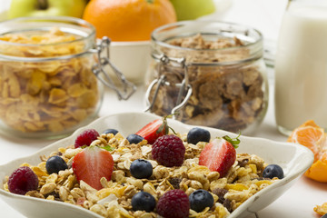 Light, delicious breakfast with cereal and fruit.