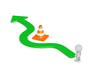 3D Character and Arrow Going Around Orange Road Cone Obstacle 