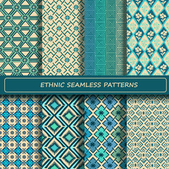 Set of blue white abstract ethnic geometric seamless pattern.