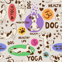 Seamless pattern with dog doing yoga position.