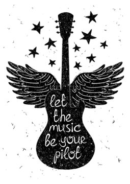Hand drawn musical illustration with silhouettes of guitar.