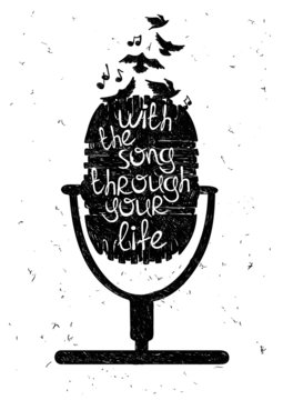 Hand drawn musical illustration with silhouette of microphone.