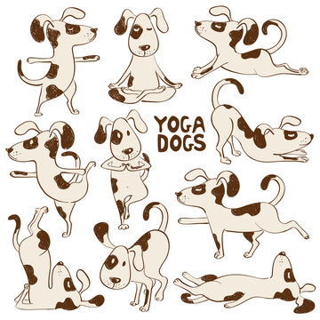 Funny dog icons doing yoga position.