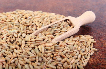 Heap of rye grain with wooden spoon