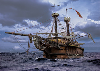 Abandoned sailboat on a stormy sea