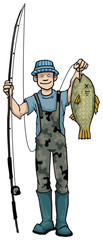 Concept cheerful fisherman holds fishing rod