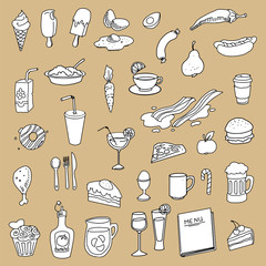 Set of hand drawn food, kitchen related items