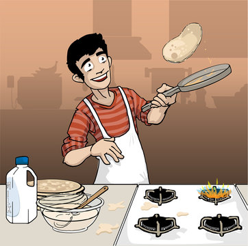 Young Man Flipping Pancakes 