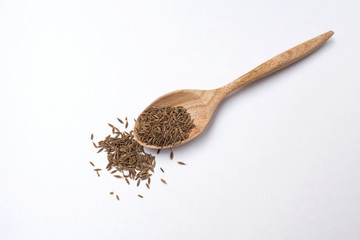 Dry fennel seed in wooden spoon with space on white background