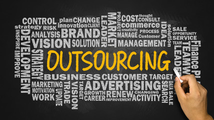 outsourcing with related word cloud handwritten on blackboard