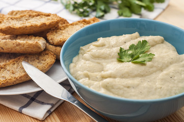 Delicious snack: dip sauce and toasted bread