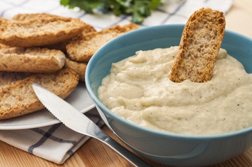 Delicious snack: dip sauce and toasted bread