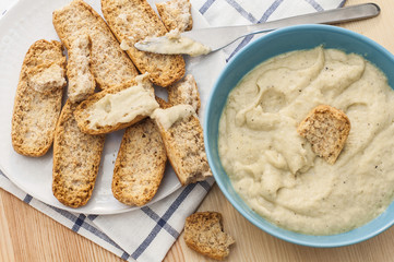 Delicious snack: dip sauce and toasted bread