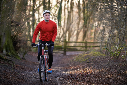 Man Riding Mountain Bike Through Woodlands