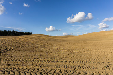 Furrows in plowed field in hilly terrain in spring - landscape