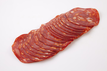 Cut slices of red iberian chorizo