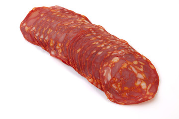 Cut slices of red iberian chorizo