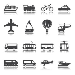 Transportation icon set. Silhouette. Shadow reflection