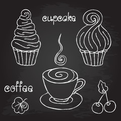 cup of coffee and cupcake on chalkboard background