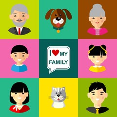 Avatars of asian family in colorful style
