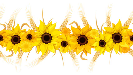 Fototapeta premium Horizontal seamless background with sunflowers and ears of wheat