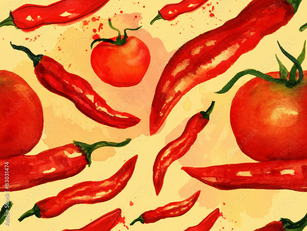 Wall mural seamless watercolor red chili peppers background pattern