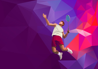 Polygonal professional badminton player on colorful low poly - obrazy, fototapety, plakaty