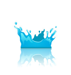 Blue water splash crown with reflection, isolated on white backg