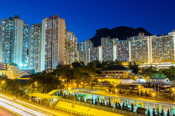 Fototapeta na wymiar Cityscape in Hong Kong with lion rock mountain