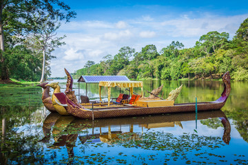 Thai traditional  boats on the lake near,Bayon temple in Angkor