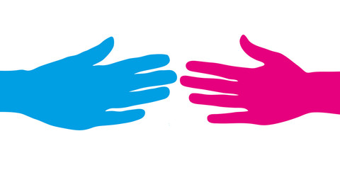Blaue und pinke Hand beim Händeschütteln
