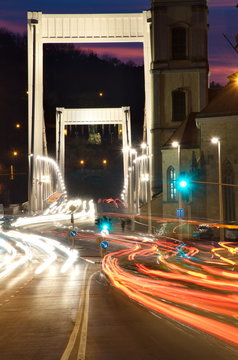 Traffic at night in Budapest, Hungary