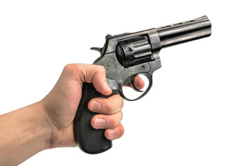 Revolver gun in hand on white background