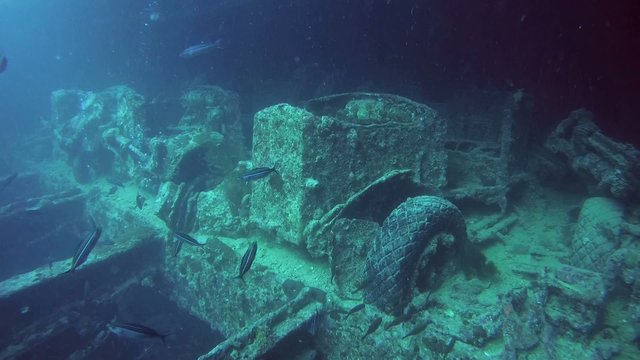 car in the hold of a sunken ship SS Thistlegorm, Red Sea 

