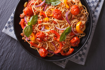 Italian pasta with vegetables closeup. Horizontal top view
