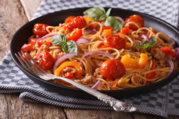 Pasta with minced meat and vegetables closeup horizontal
